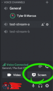 View of Discord voice channel settings, with streaming button circled in green.
