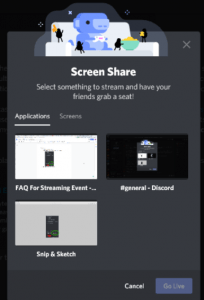 Discord window showing all the apps that can be streamed.