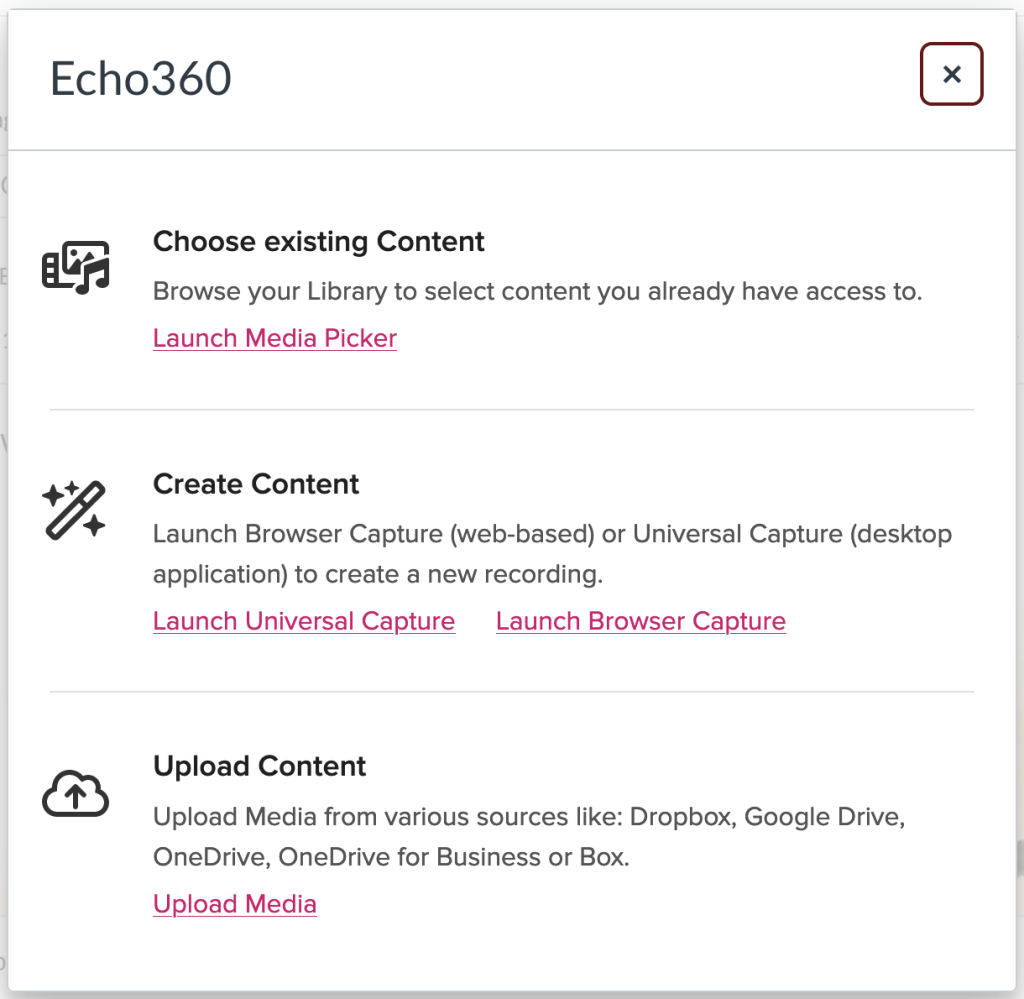 Echo360 embed window showing options to embed video in a page