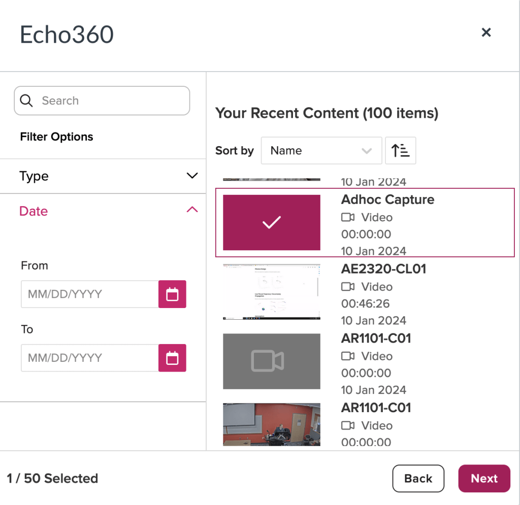 Echo360 window with a video select to be embedded in the Page