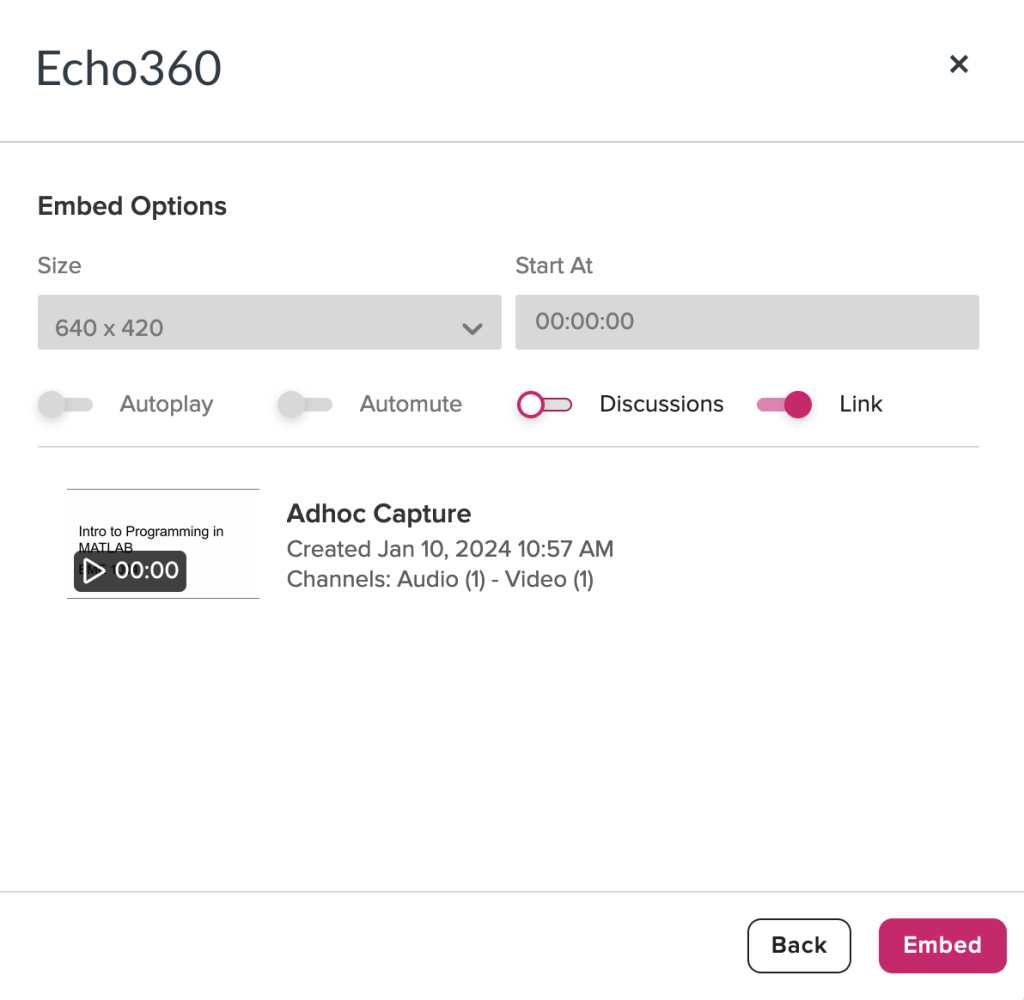 Echo360 window with options to select for embed 