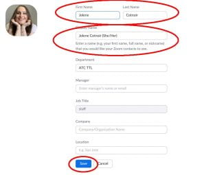 Type your name in the First Name/Last Name fields, and how you'd like your name to be displayed in the Display Name field. Then, click Save.