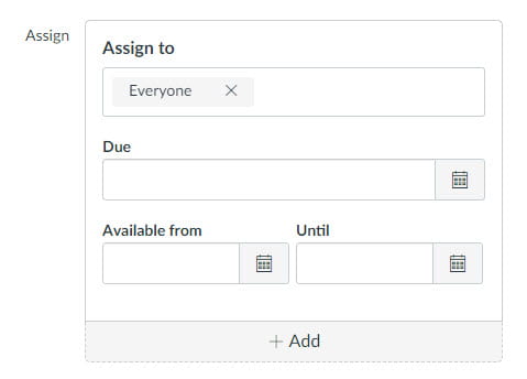A screenshot of the Availability and Due Date settings in Canvas assessments