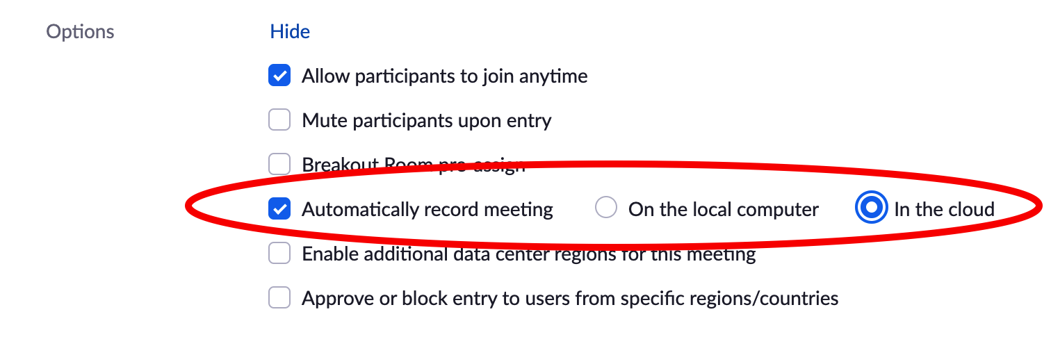 A circle around the check box to automatically record meeting and the radio dial for in the cloud.