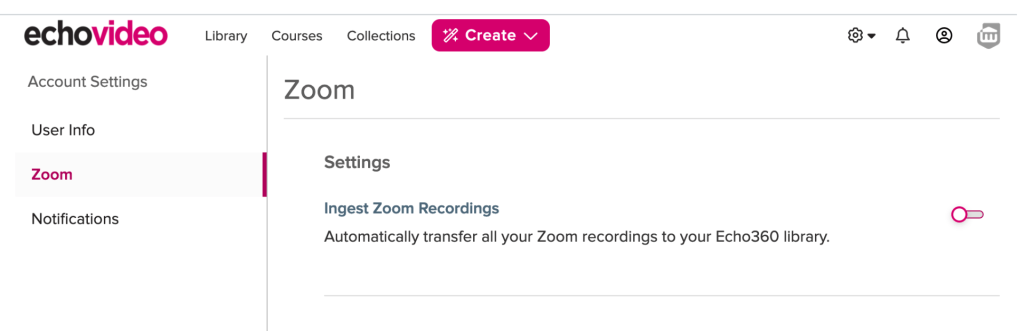 in Zoom settings menu in Echo360 showing toggle to enable ingesting Zoom recordings automatically