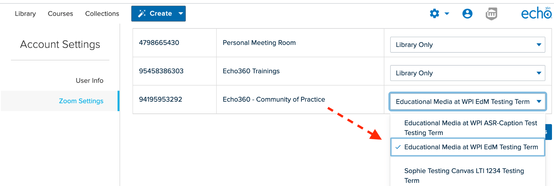 An arrow points from the Zoom meeting list to the Echo360 course to which the Zoom meeting should be associated.