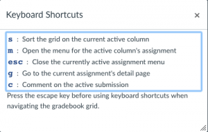 Shortcuts for Grades screen