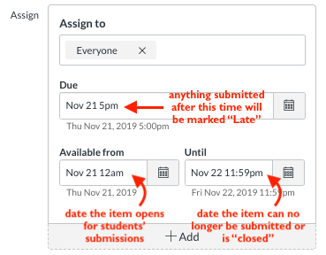 how to set availability for assignments and quizzes in Canvas