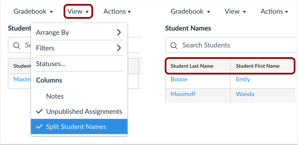 canvas gradebook showing split first name and last name