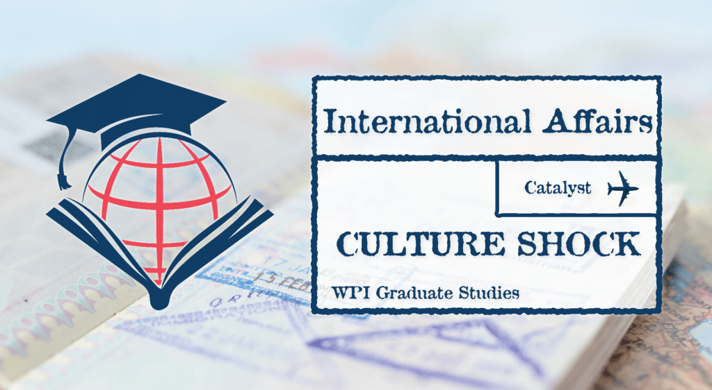 Background image of a passport with many stamps in it. Foreground: logo of book and globe topped by a graduation cap. Simulated passport stamp with an image of a plane and text that reads, "International Affairs. Catalyst. Culture Shock. WPI Graduate Studies."