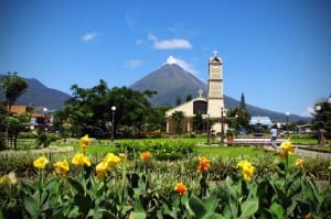 costa rica church and volcano