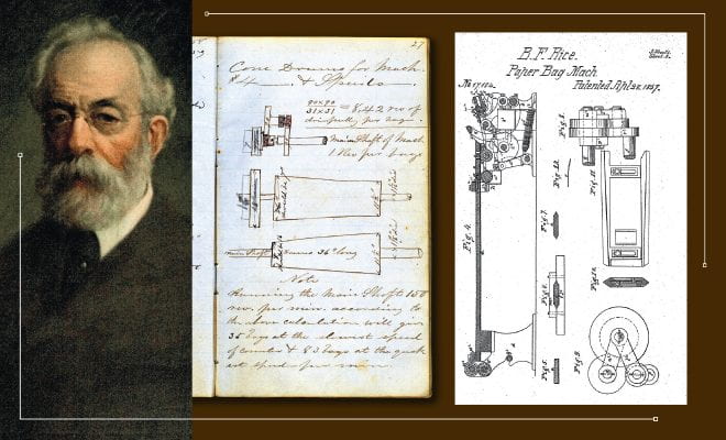 From left, a photo of Charles Hill Morgan, a page with handwritten notes and illustrations, and a page from Morgan's paper bag patent