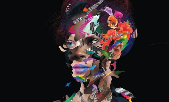 Abstract illustration depicting a woman's face made up of several faces of different colors and abstract patterns.