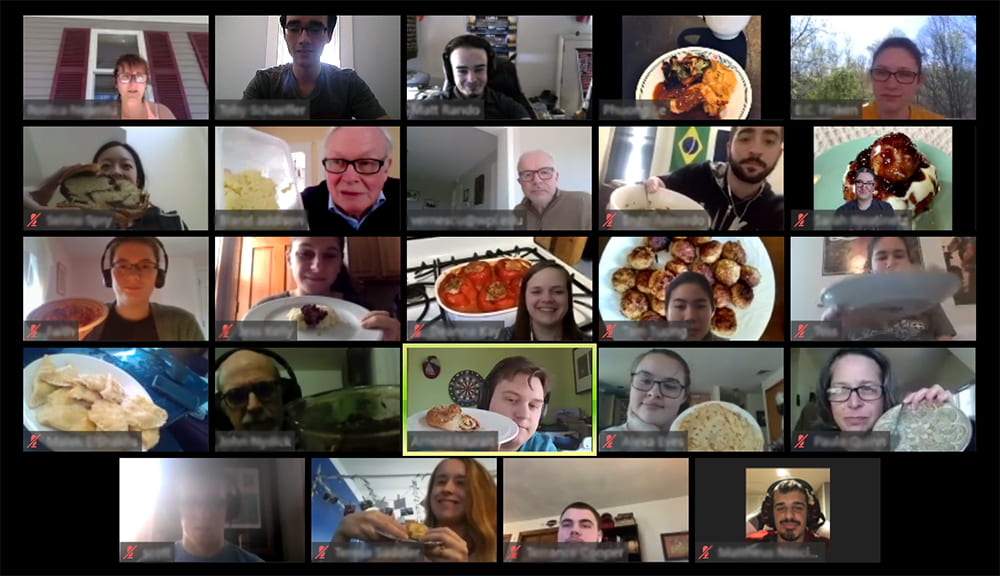A Zoom call with students from the Bucharest, Romania Project Center, who are sharing Romanian dishes they prepared for lunch.