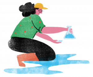 an illustration of a women in a green shirt and yellow baseball cap holding a flask filled with blue water