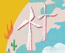 an illustration of a section of the Earth with fire, cactus plants, and two tall wind turbines