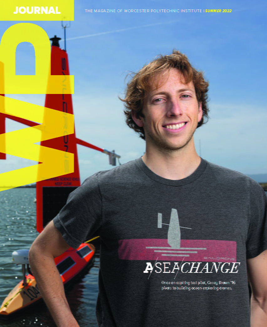 The cover page for the summer addition of the WPI Journal. Featuring Casey Brown, once an aspiring test pilot, Casey pivots to building ocean-exploring drones.