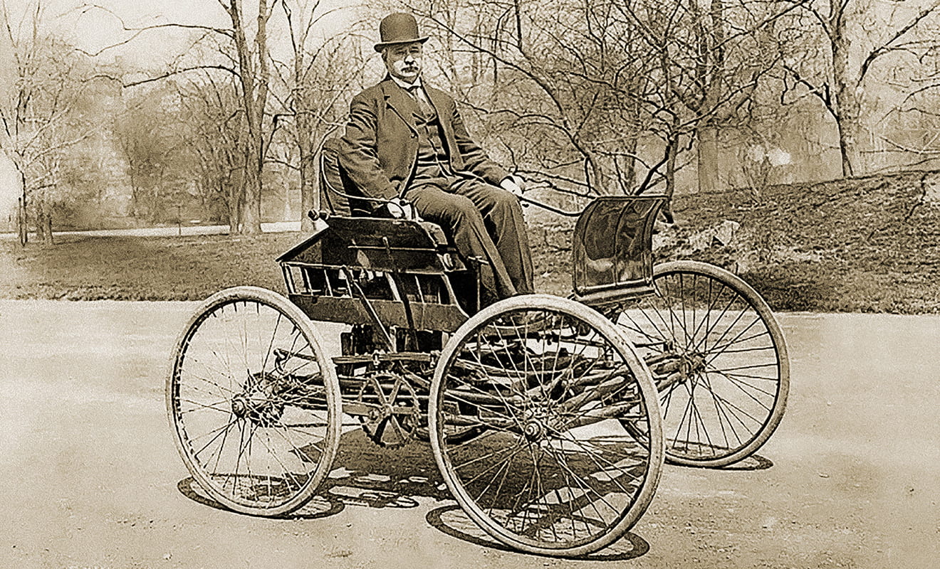Elwood Haynes, Class of 1881, on his automobile called the Pioneer