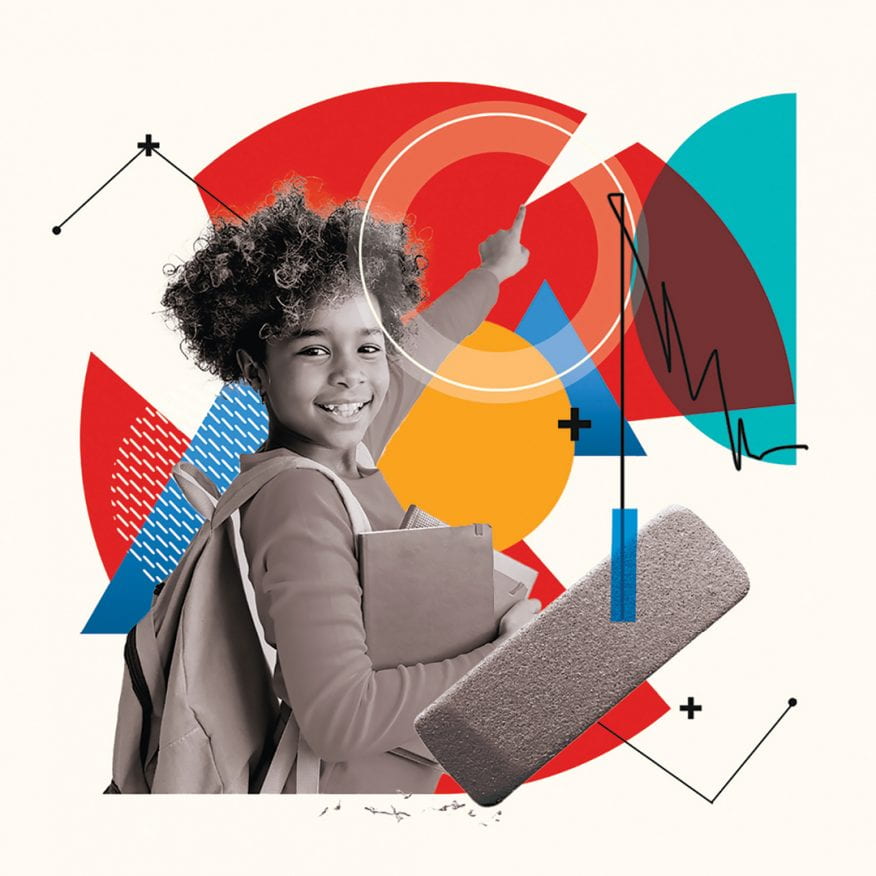 Colorful photo illustration of a young student with a laptop