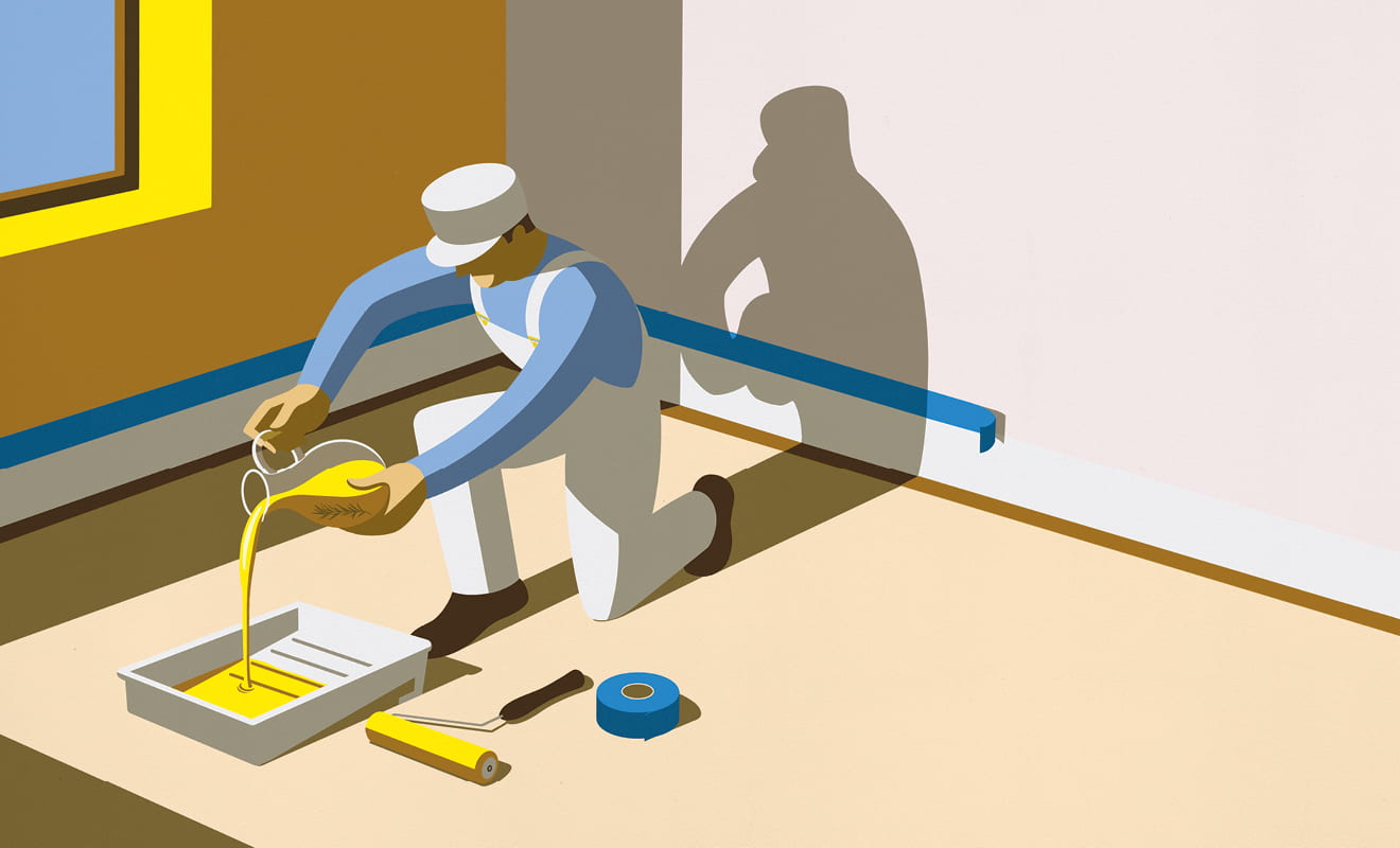 An illustration of a painter pouring oil into a paint roller pan