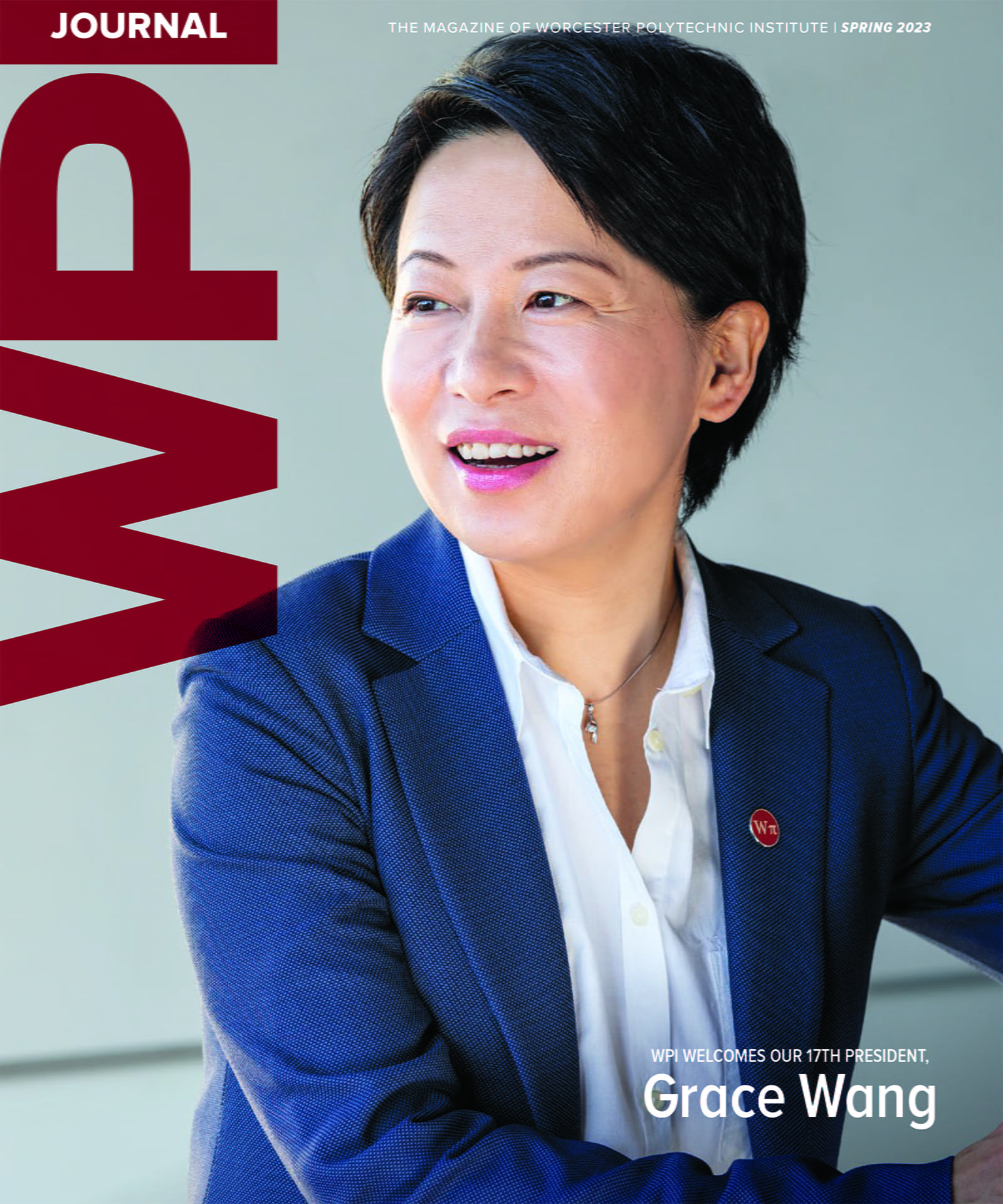 Cover of Spring 2023 WPI Journal with President Grace Wang
