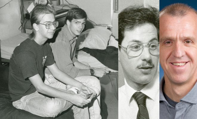 Students in the dorms playing video games, plus Michael Genner and Mark Claypool