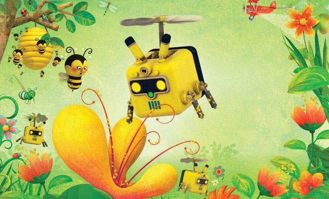 An illustration that shows a robot-like bee flying to pollinate a yellow flower with real bees looking on.