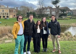 Photo of student researchers at Walpole Park in Ealing, London. Left to right: Quentin Collins, Bryce Kennedy, Maddie Donahue, Daisy Connors, Alex Moreira