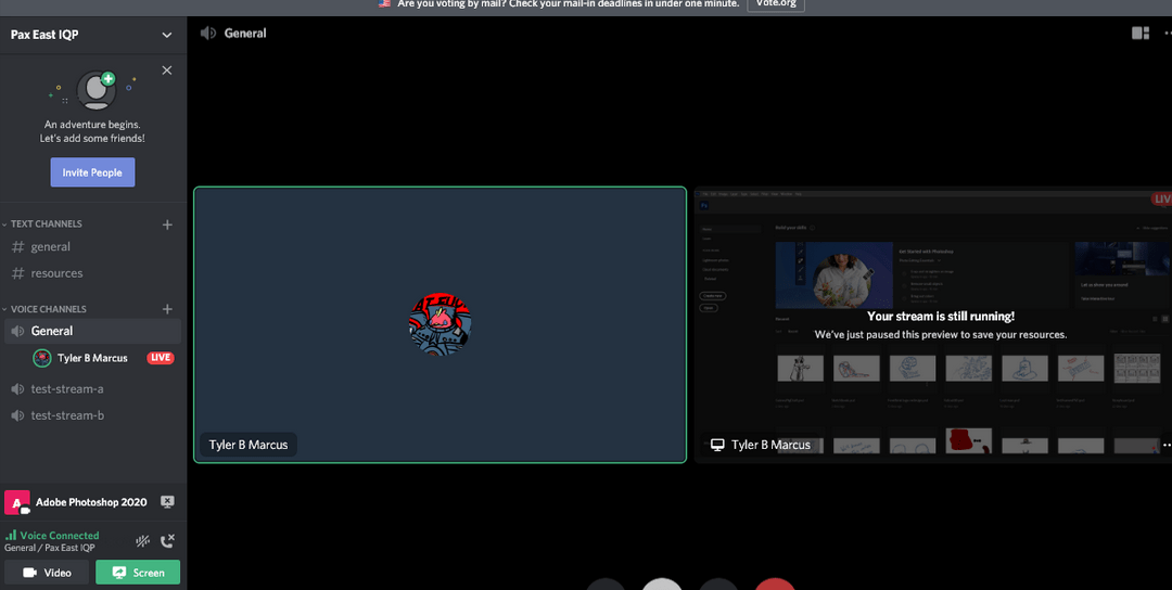 Discord window showing a voice channel with a stream.
